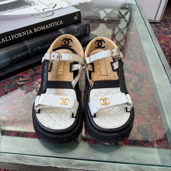 Chanel Dad Sandals Black White Tan Holographic Strap Euro Size 38 US Size 7.5 - Picture 13 of 13